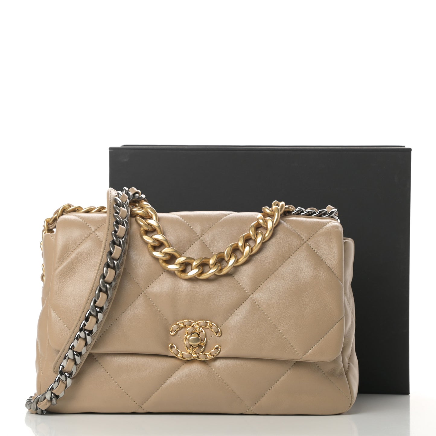 Lambskin Quilted Large Chanel 19 Flap Dark Beige