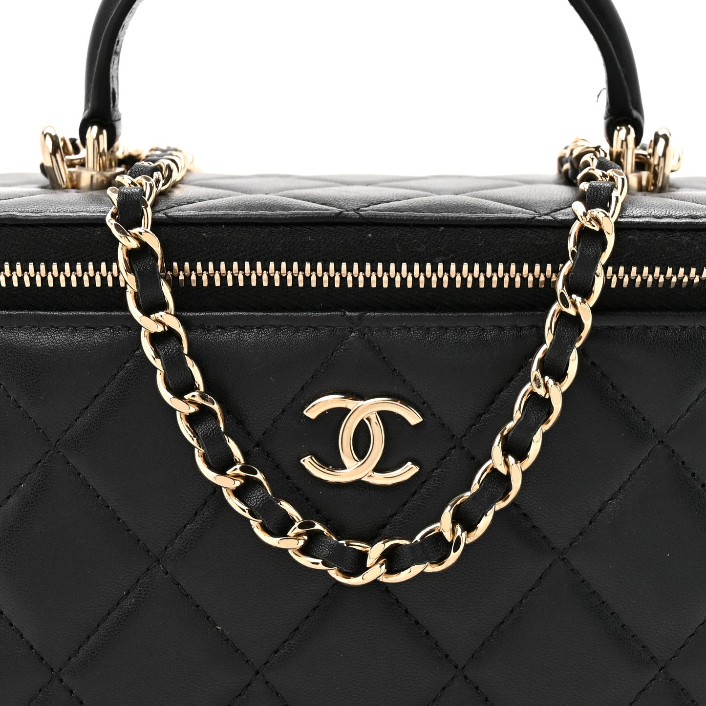 Lambskin Quilted Small Top Handle Vanity Case With Chain Black