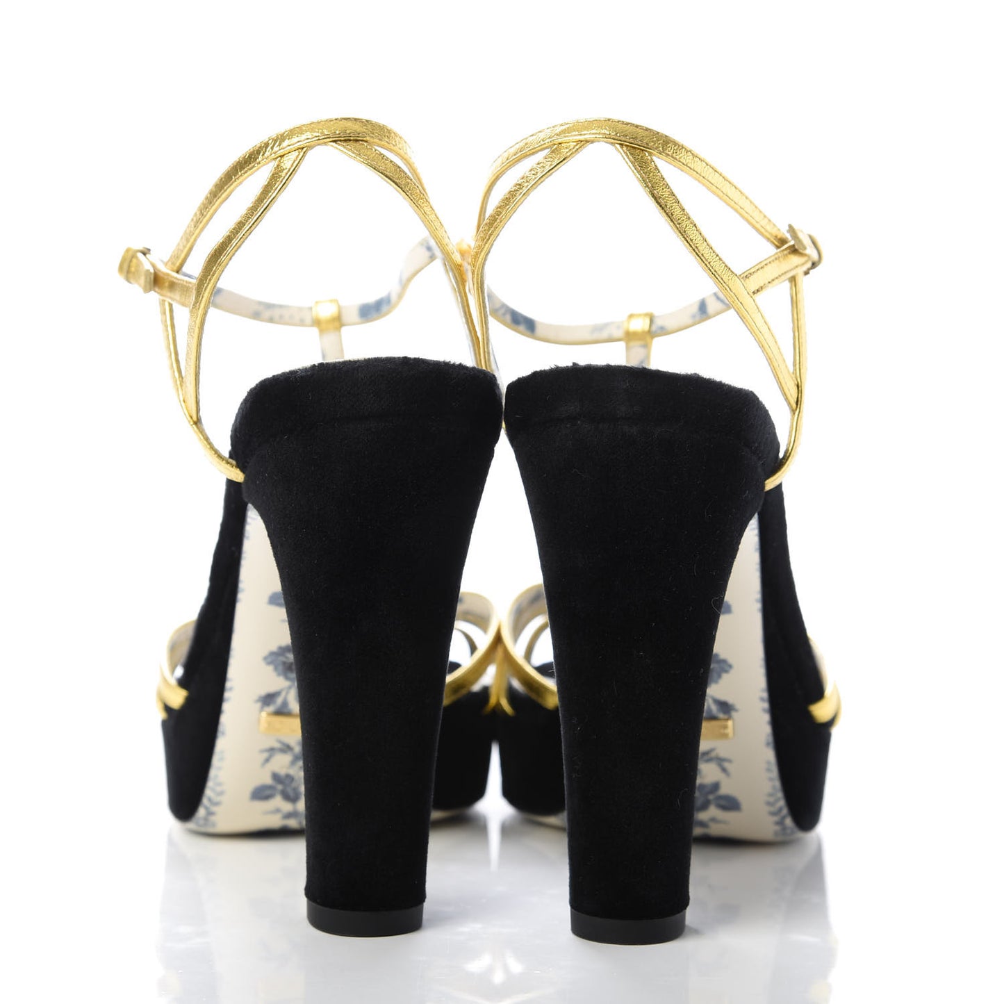 Velvet Nappa Elias T-Strap Platform High Heel Sandals 37.5 Black Gold