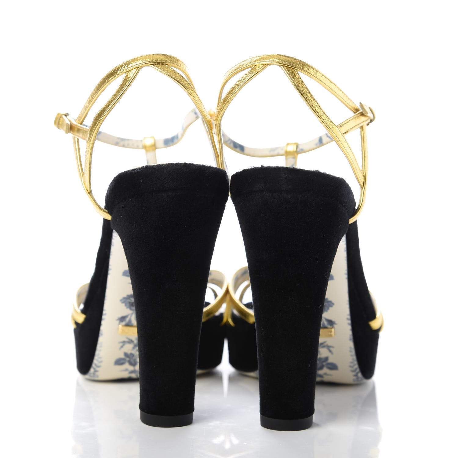 Gucci Velvet Nappa Elias T-Strap Platform High Heel Sandals 37.5 Black Gold 6 of 9