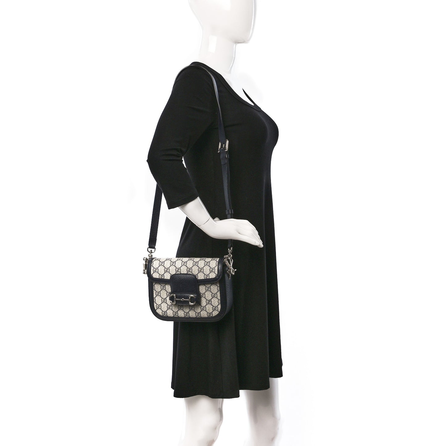 GG Supreme Monogram Textured Dollar Calfskin Web Mini Horsebit 1955 Shoulder Bag Beige Blue