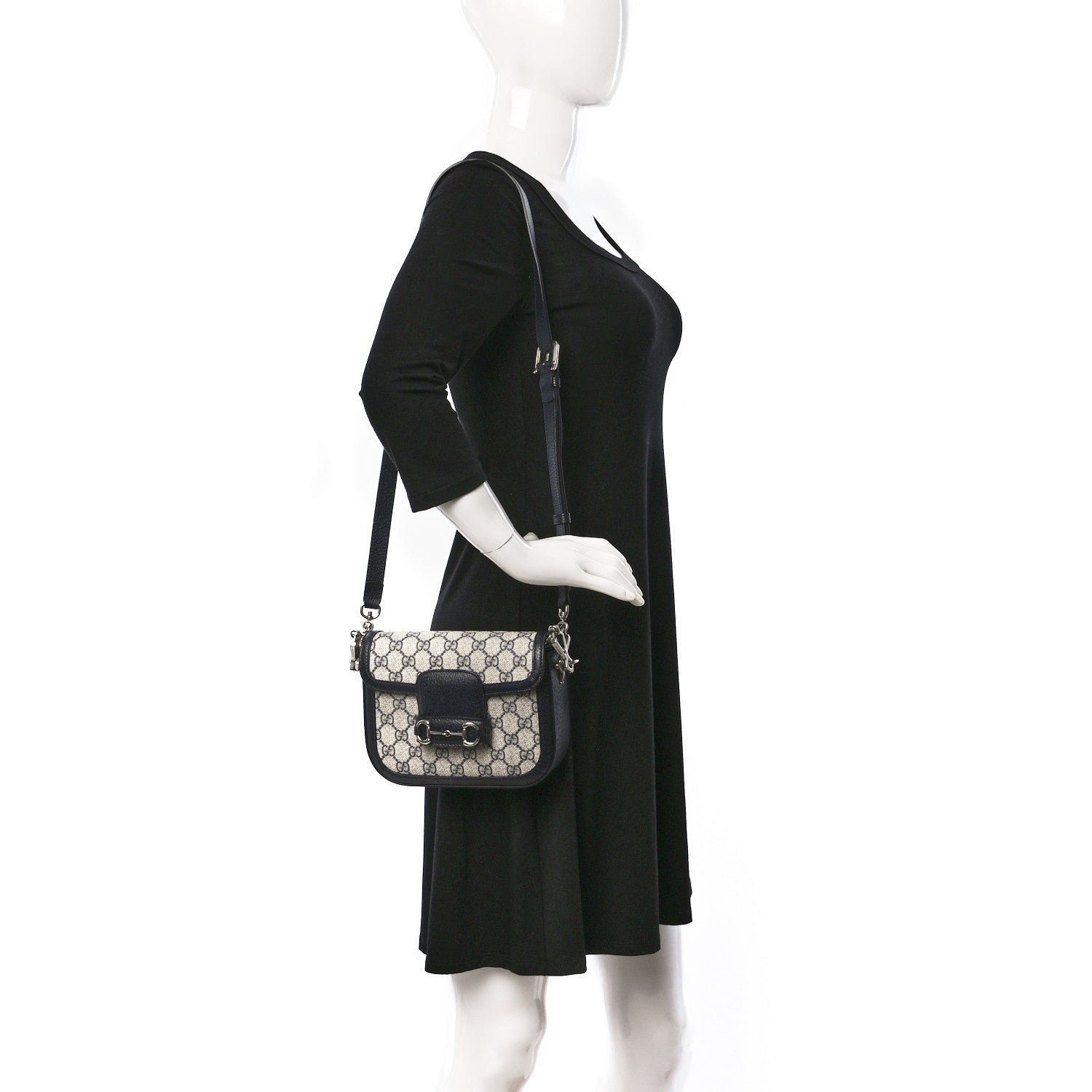 Gucci GG Supreme Monogram Textured Dollar Calfskin Web Mini Horsebit 1955 Shoulder Bag Beige Blue 2 of 10