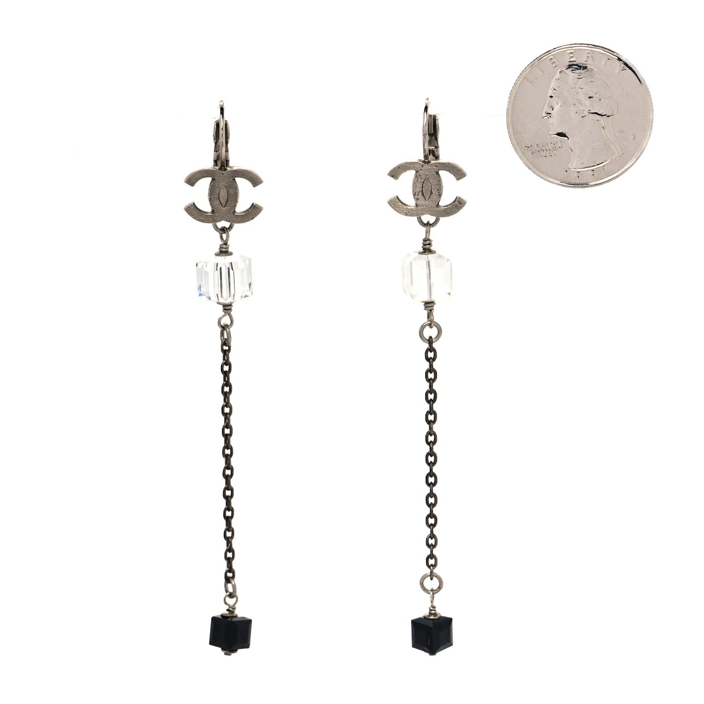 Crystal CC Dangle Earrings Silver Black