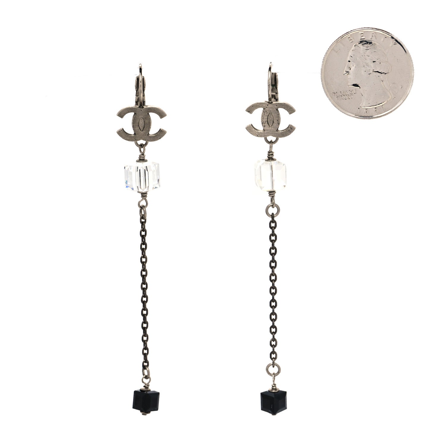 Chanel Crystal CC Dangle Earrings Silver Black 2 of 4