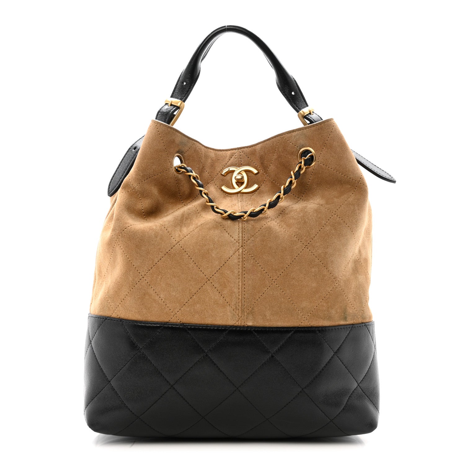 Chanel Suede Calfskin Shiny Lambskin Quilted Coco Base Shopping Bag Beige Black 1 of 14