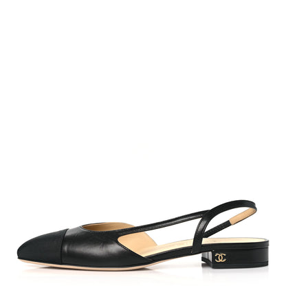 Chanel Goatskin Grosgrain Cap Toe CC Slingback Flats 37.5 Black 1 of 9