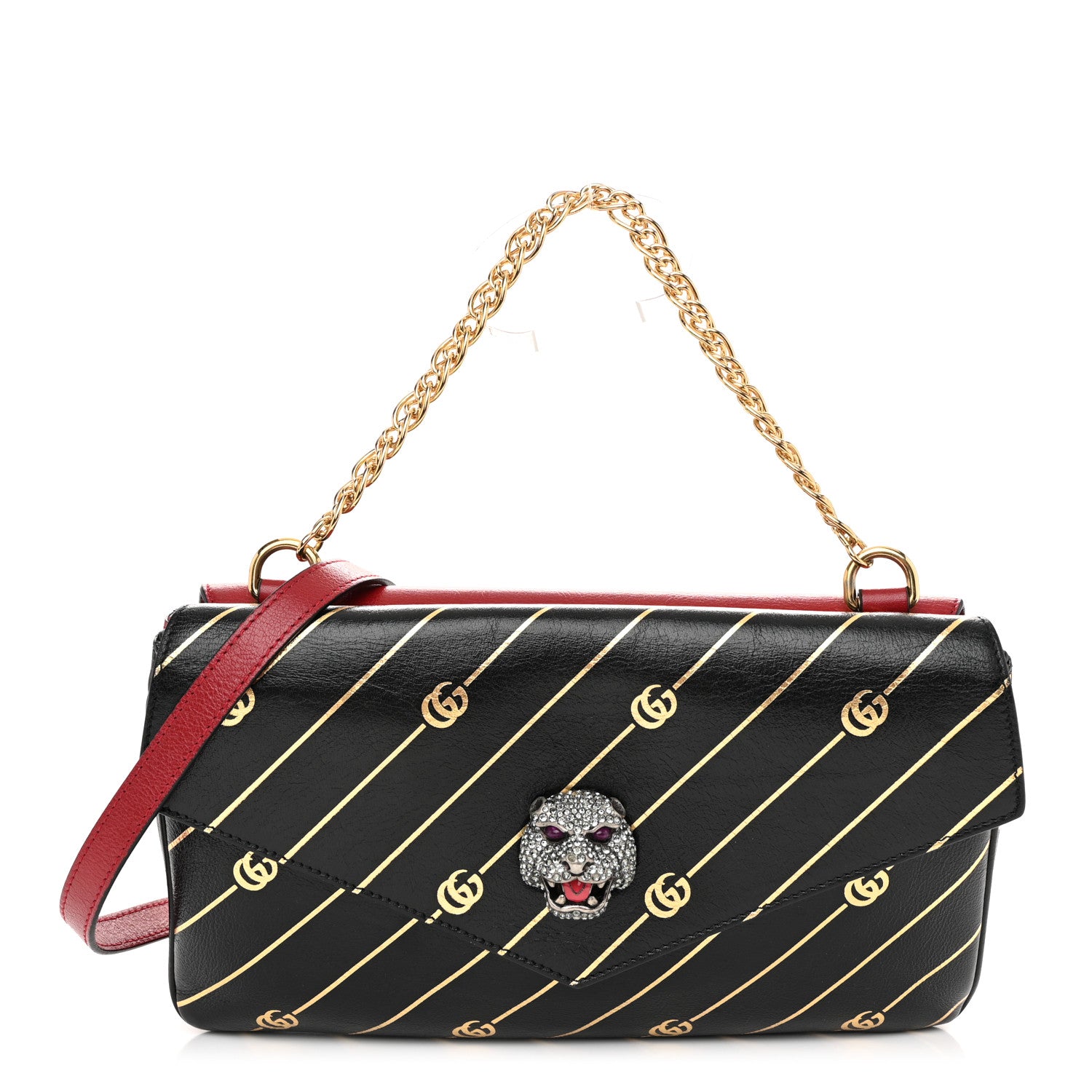 Gucci Calfskin Diagonal GG Medium Thiara Double Envelope Shoulder Bag Black Red 1 of 11