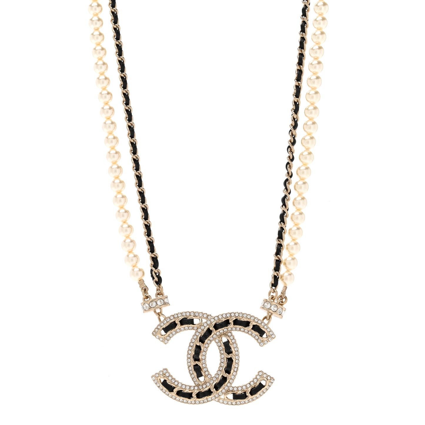 Crystal Pearl Lambskin CC Chain Choker Gold Black