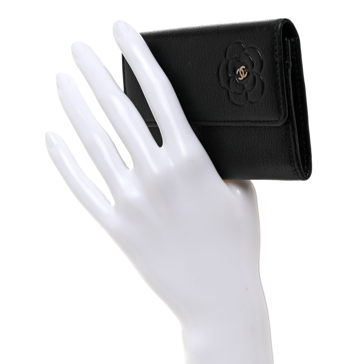 Goatskin Embossed Camellia Flap Card Holder Black