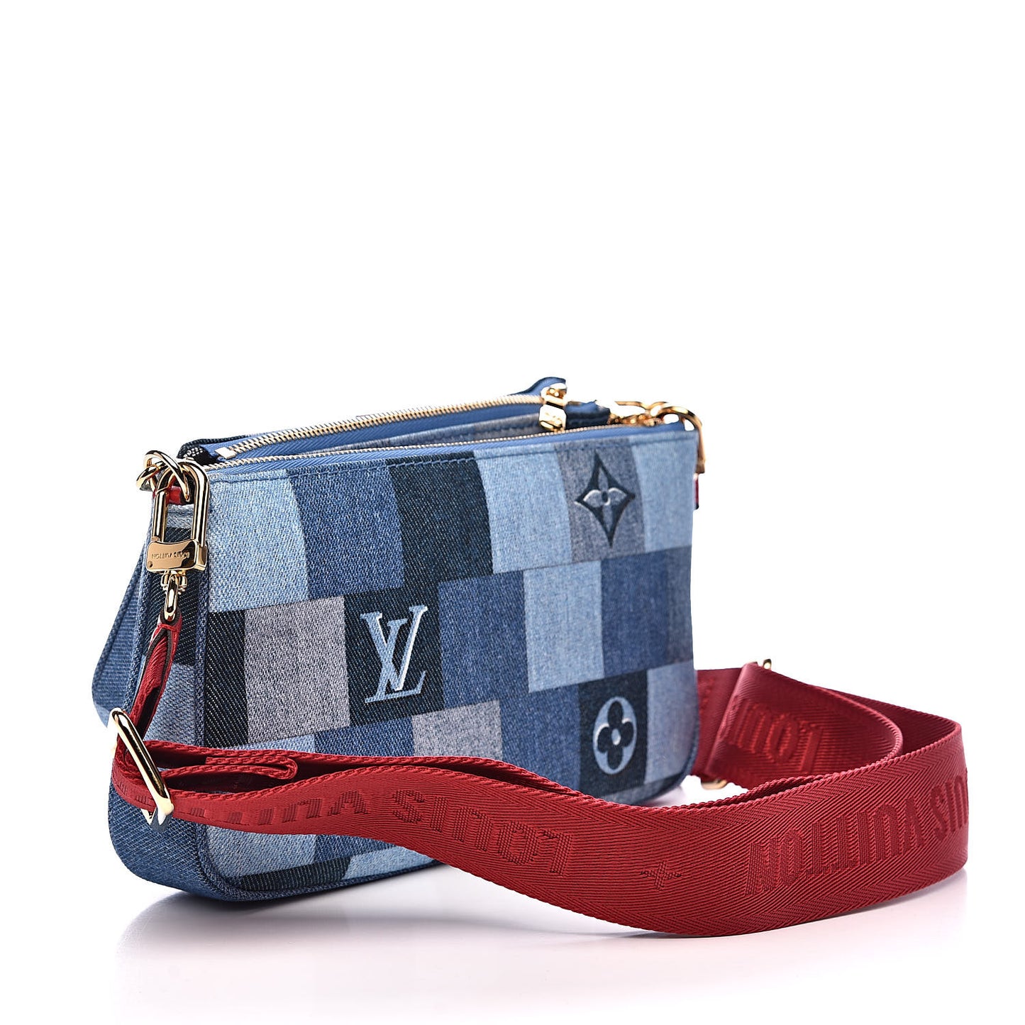 Denim Damier Monogram Patchwork Multi Pochette Accessories Blue Rouge