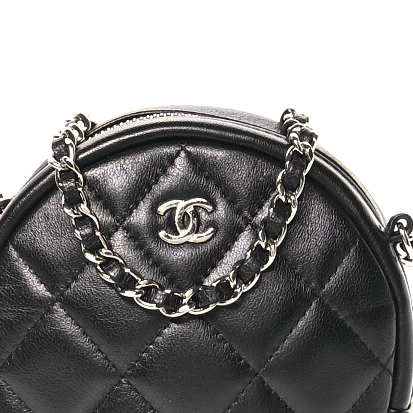 Lambskin Quilted Round Clutch With Chain Black