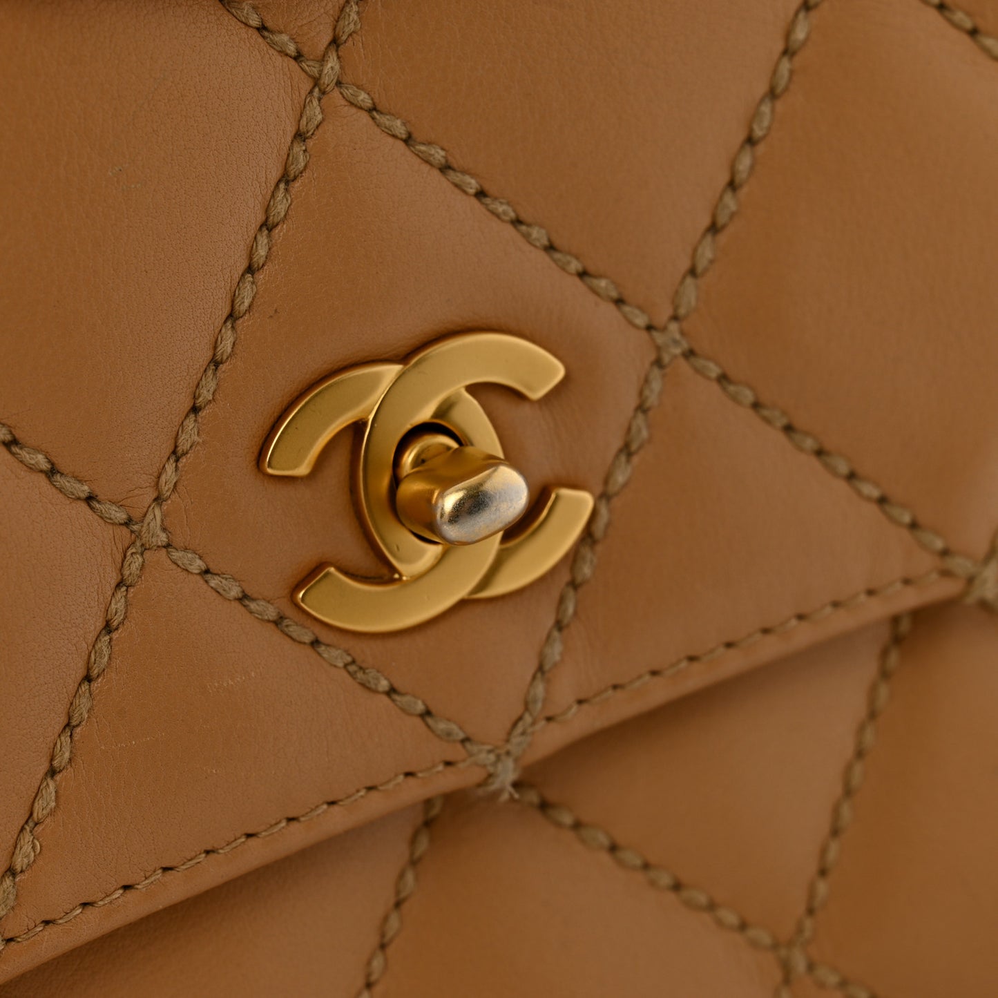 Calfskin Quilted Medium Wild Stitch Flap Beige