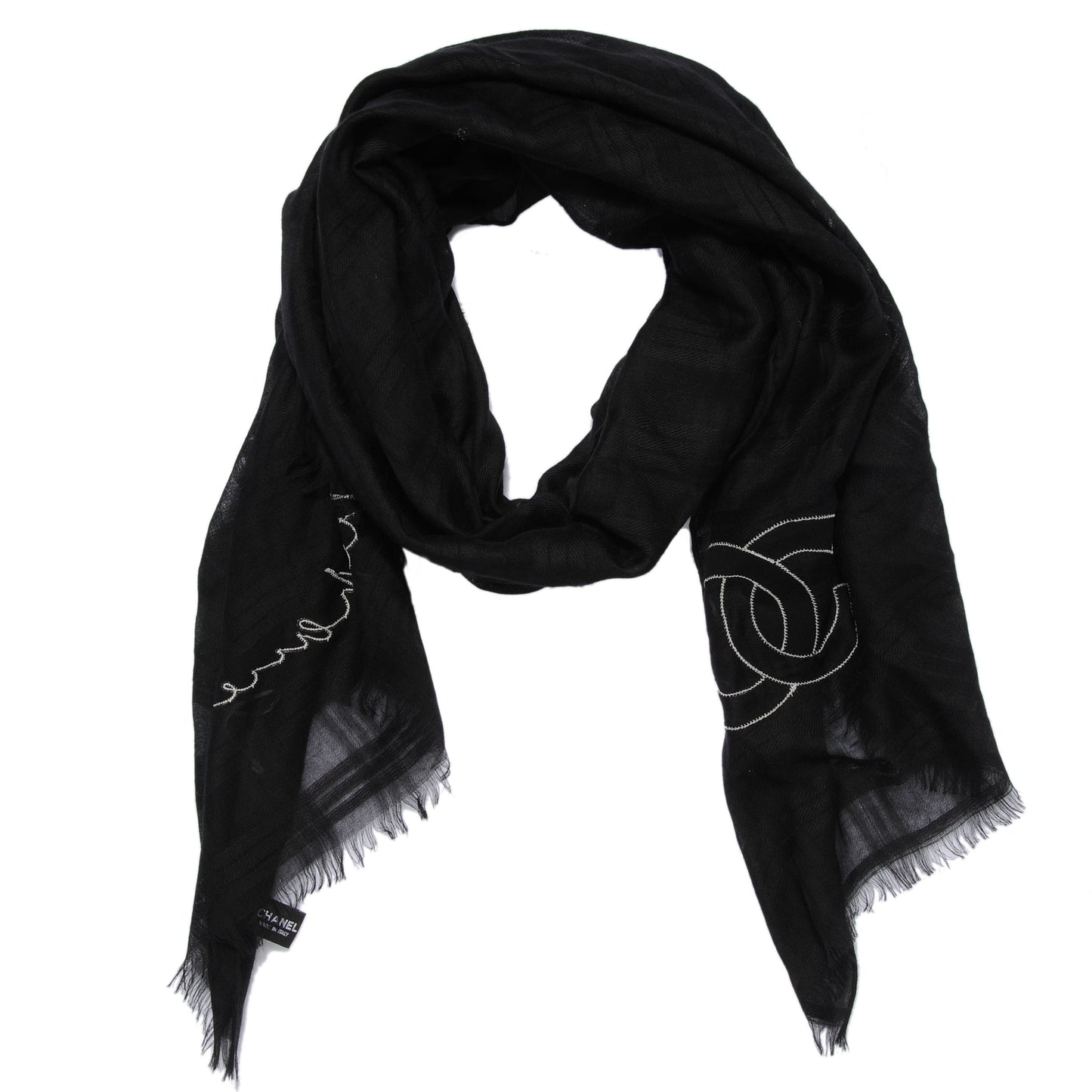 Cashmere Silk Sequins Plaid Logo Scarf Shawl Black White