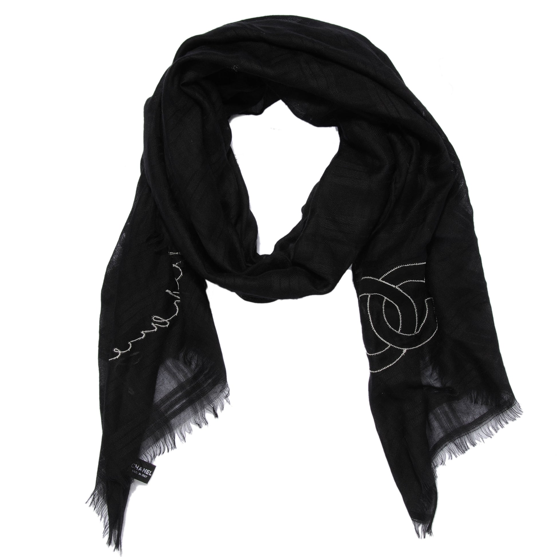Chanel Cashmere Silk Sequins Plaid Logo Scarf Shawl Black White 1 of 7