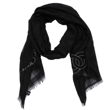 Chanel Cashmere Silk Sequins Plaid Logo Scarf Shawl Black White 1 of 7