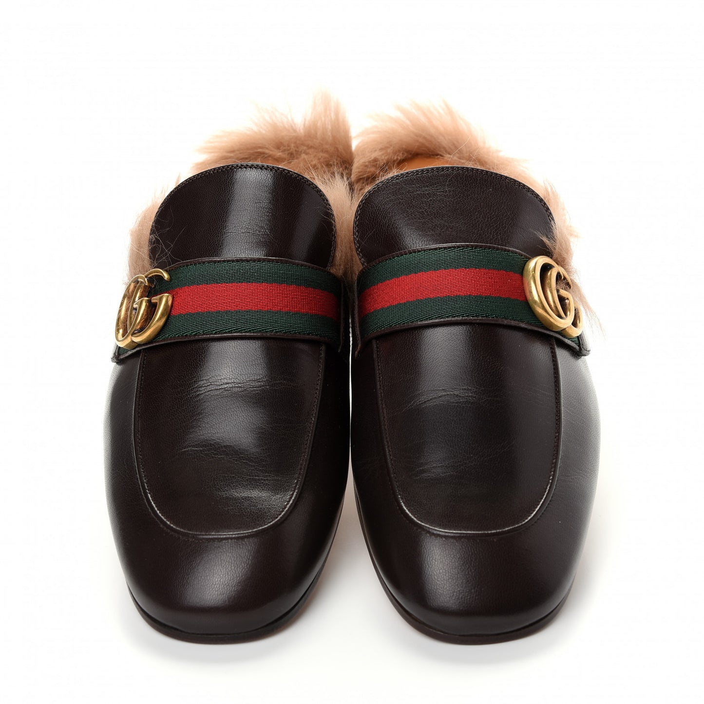 Goatskin Fur Web GG Mens Princetown Slippers 9 Cocoa