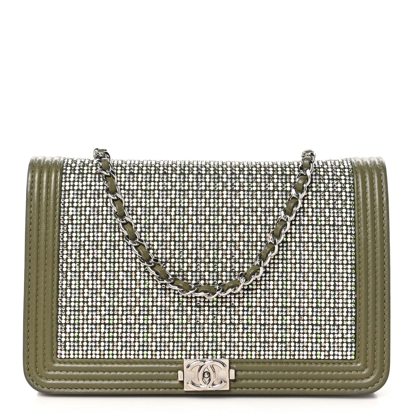 Calfskin Crystal Studded Boy Wallet On Chain WOC Khaki