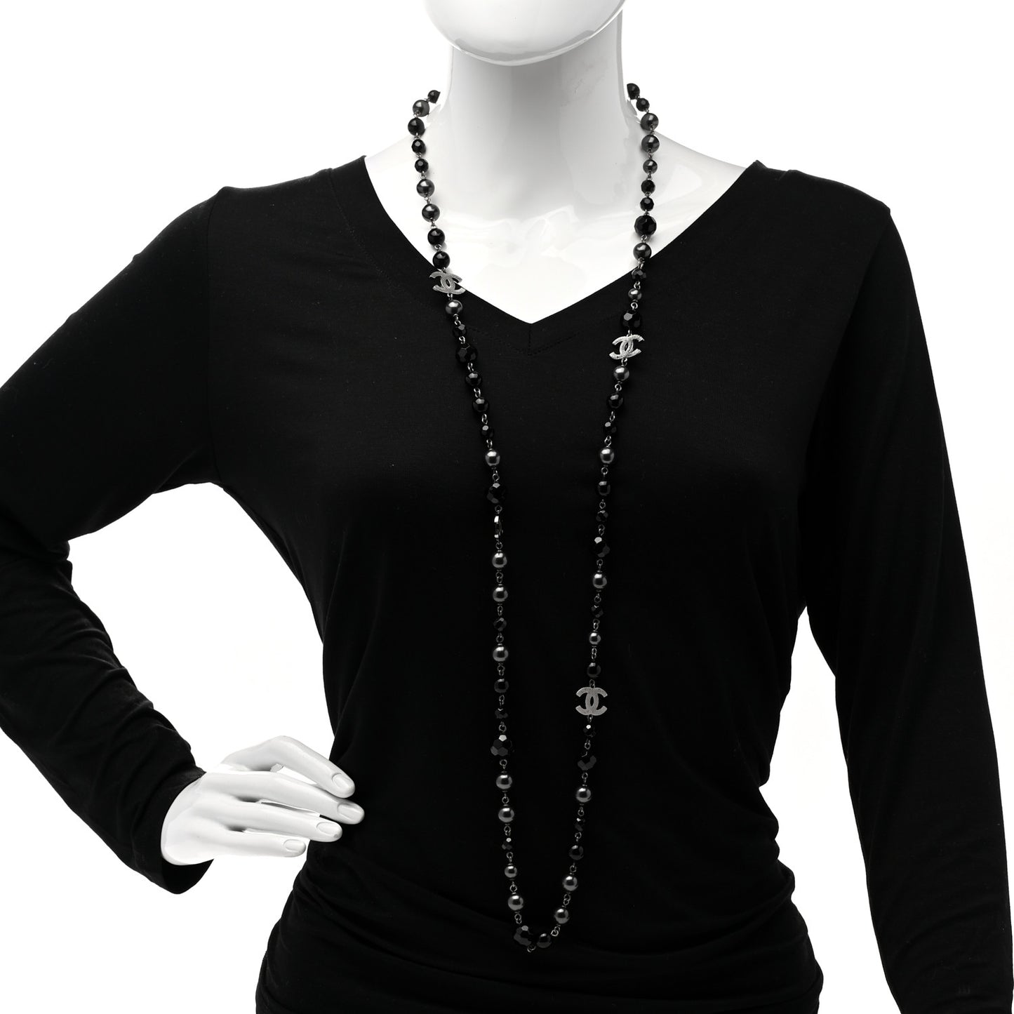 Ruthenium Pearl Beaded CC Long Necklace Black