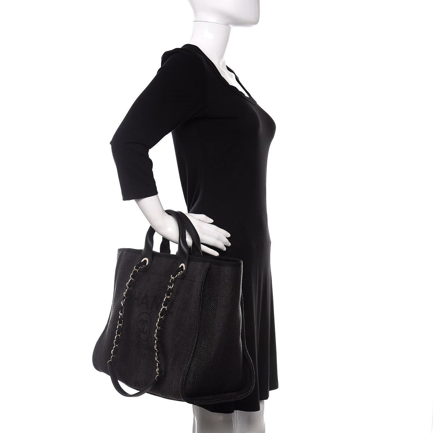 Mixed Fibers Calfskin Striped Medium Deauville Tote Black