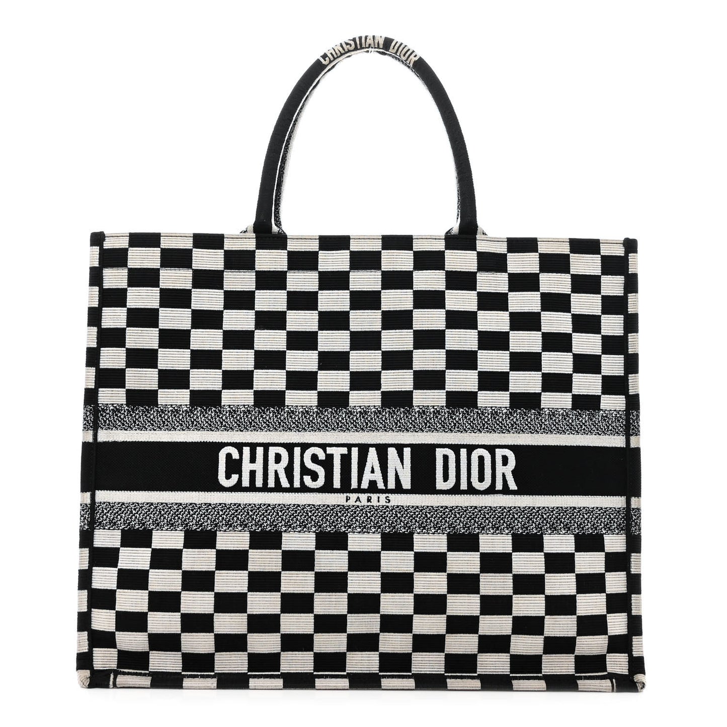 Canvas Embroidered Checkered Book Tote Black White