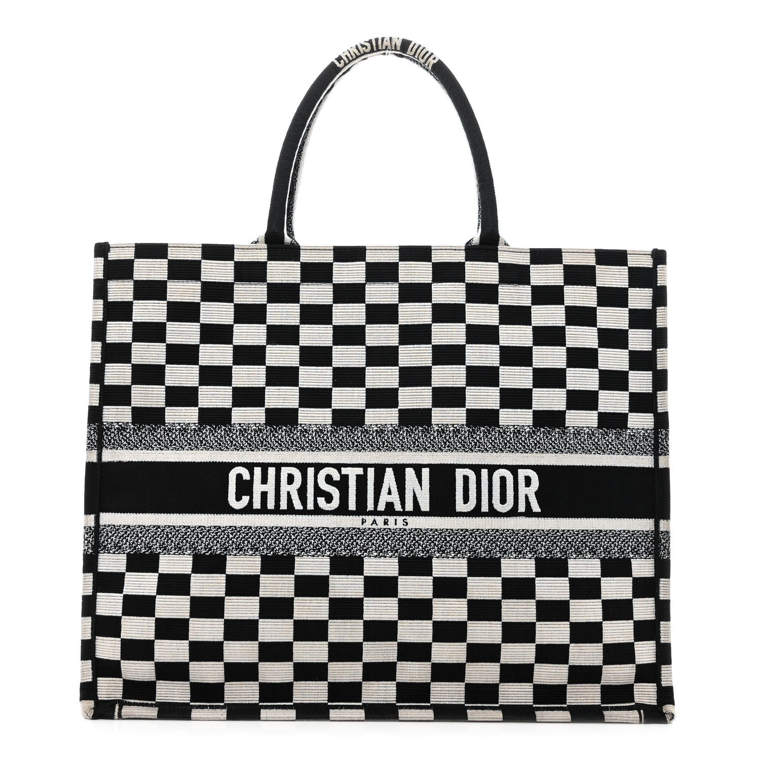 Christian Dior Canvas Embroidered Checkered Book Tote Black White 1 of 11