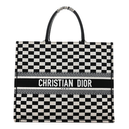 Christian Dior Canvas Embroidered Checkered Book Tote Black White 1 of 11
