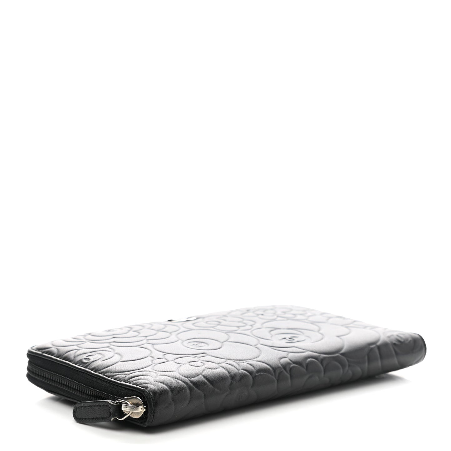 Lambskin Camellia Embossed Zip Around Organizer Wallet Black