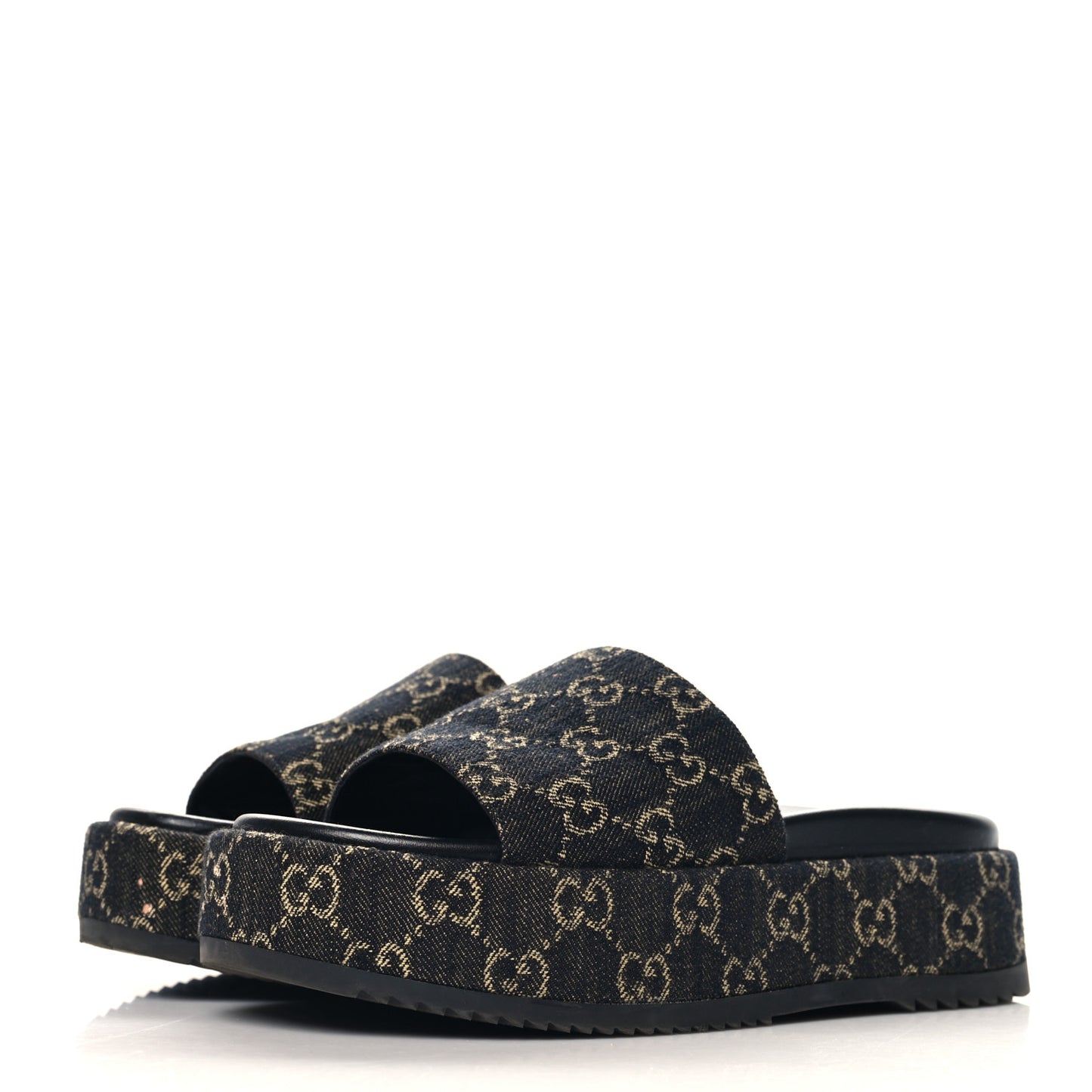 Jacquard Black Denim GG Monogram Angelina Platform 55mm Slide Sandals 39 Black Ivory