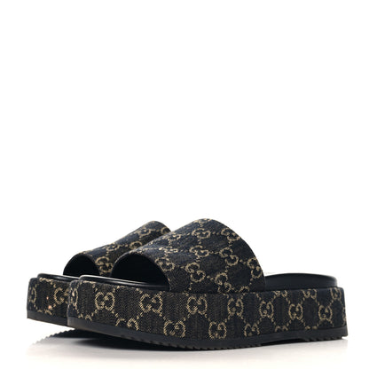 Gucci Jacquard Black Denim GG Monogram Angelina Platform 55mm Slide Sandals 39 Black Ivory 4 of 11