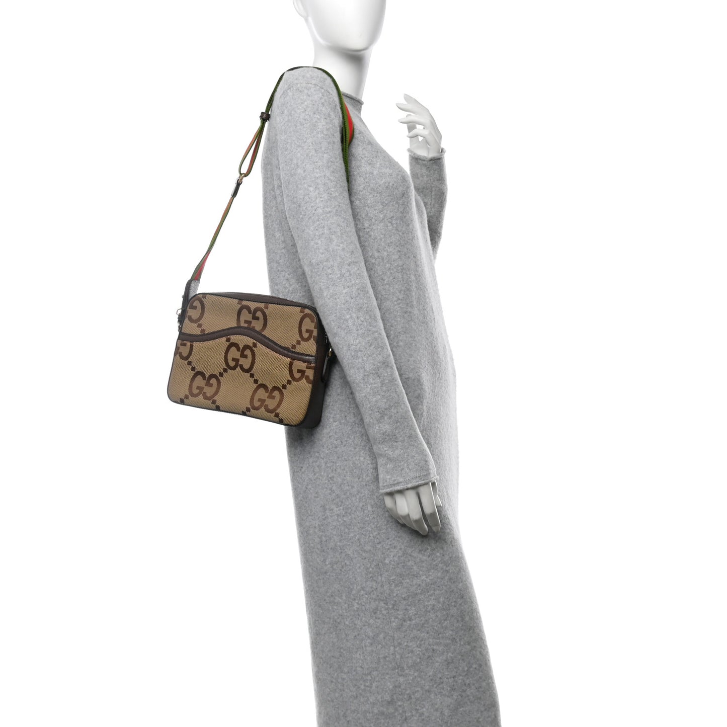 Monogram Jumbo GG Textured Dollar Calfskin Web Messenger Shoulder Bag Camel Ebony New Acero