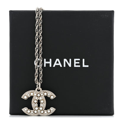 Chanel Crystal Pearl CC Pendant Necklace Silver 7 of 7