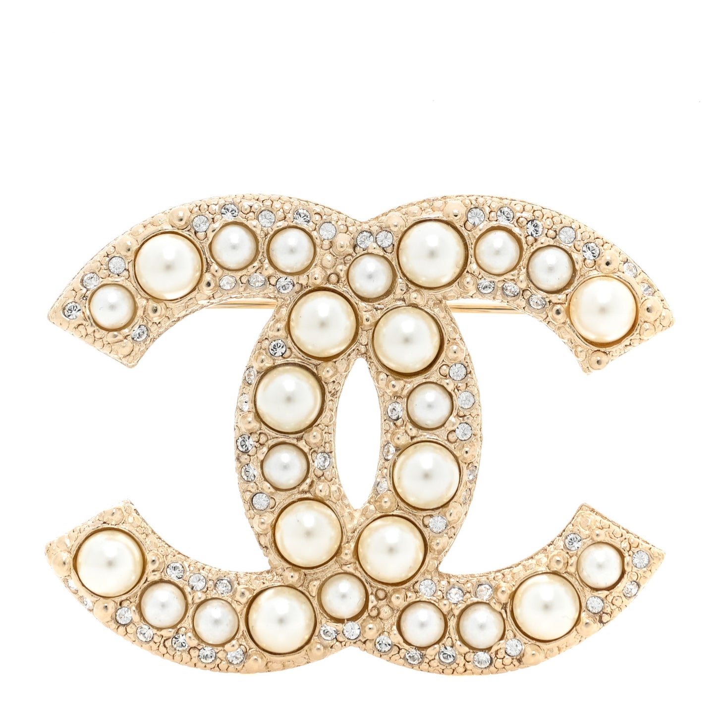 Metal Crystal Graduated Pearl CC Brooch Gold