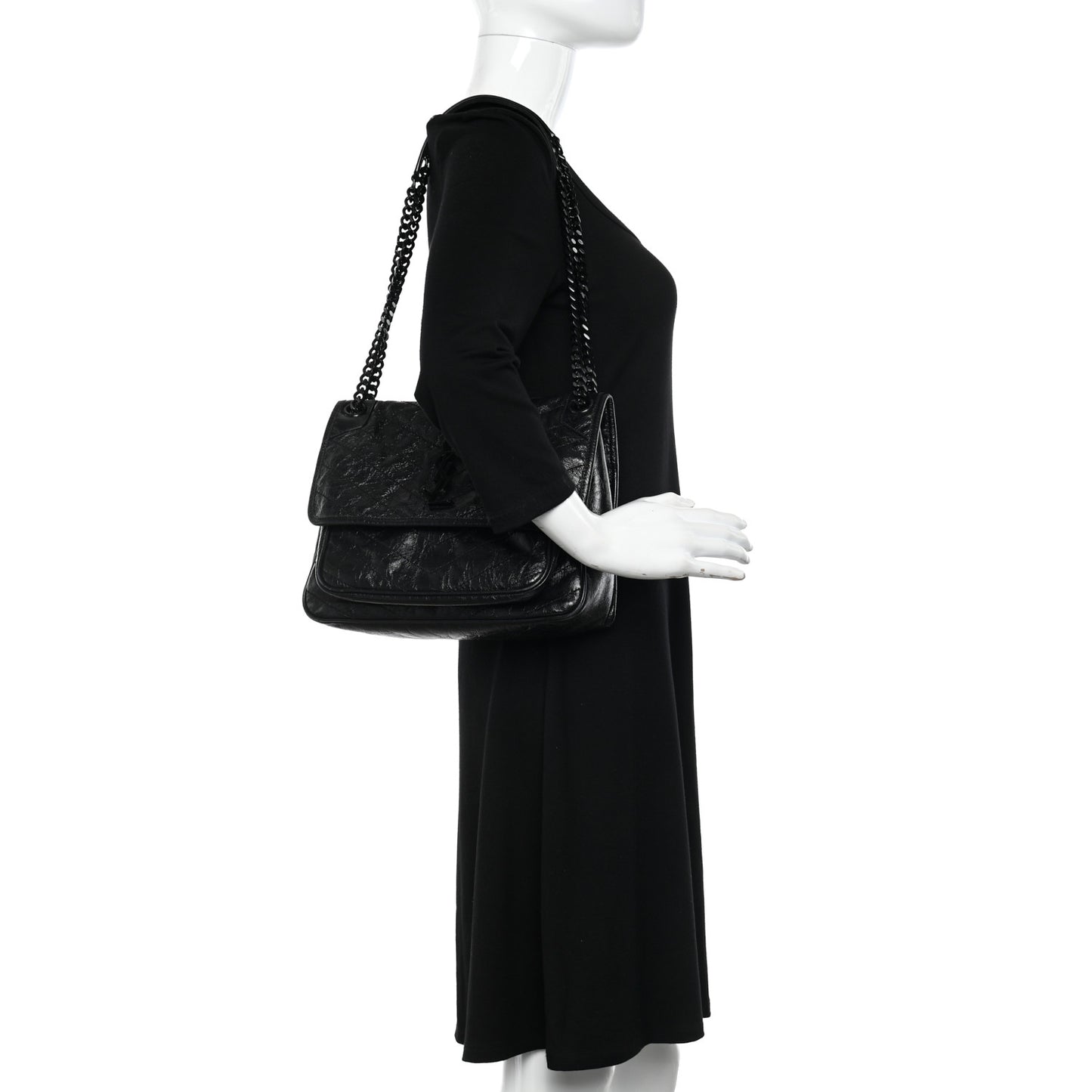 Crinkled Calfskin Matelasse Monogram Medium Niki Chain Satchel Black