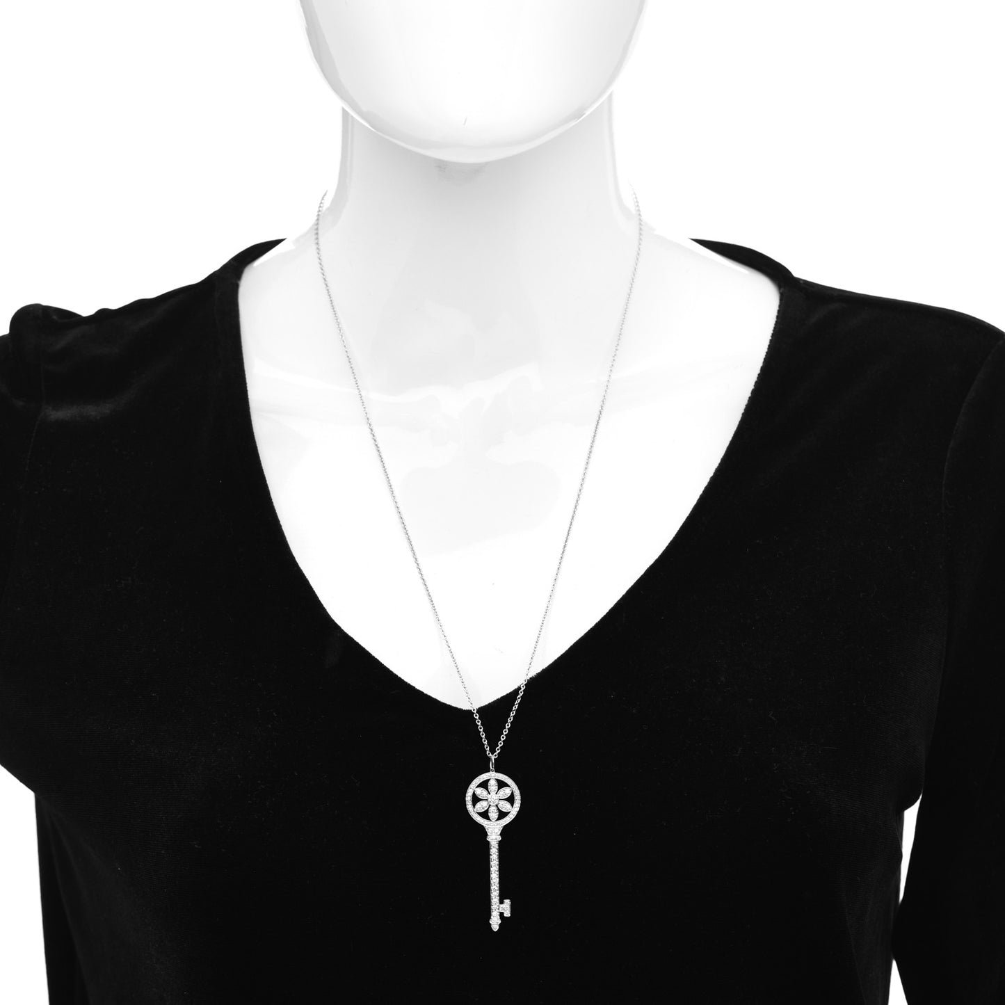 Platinum 18K White Gold Diamond Daisy Key Pendant Necklace