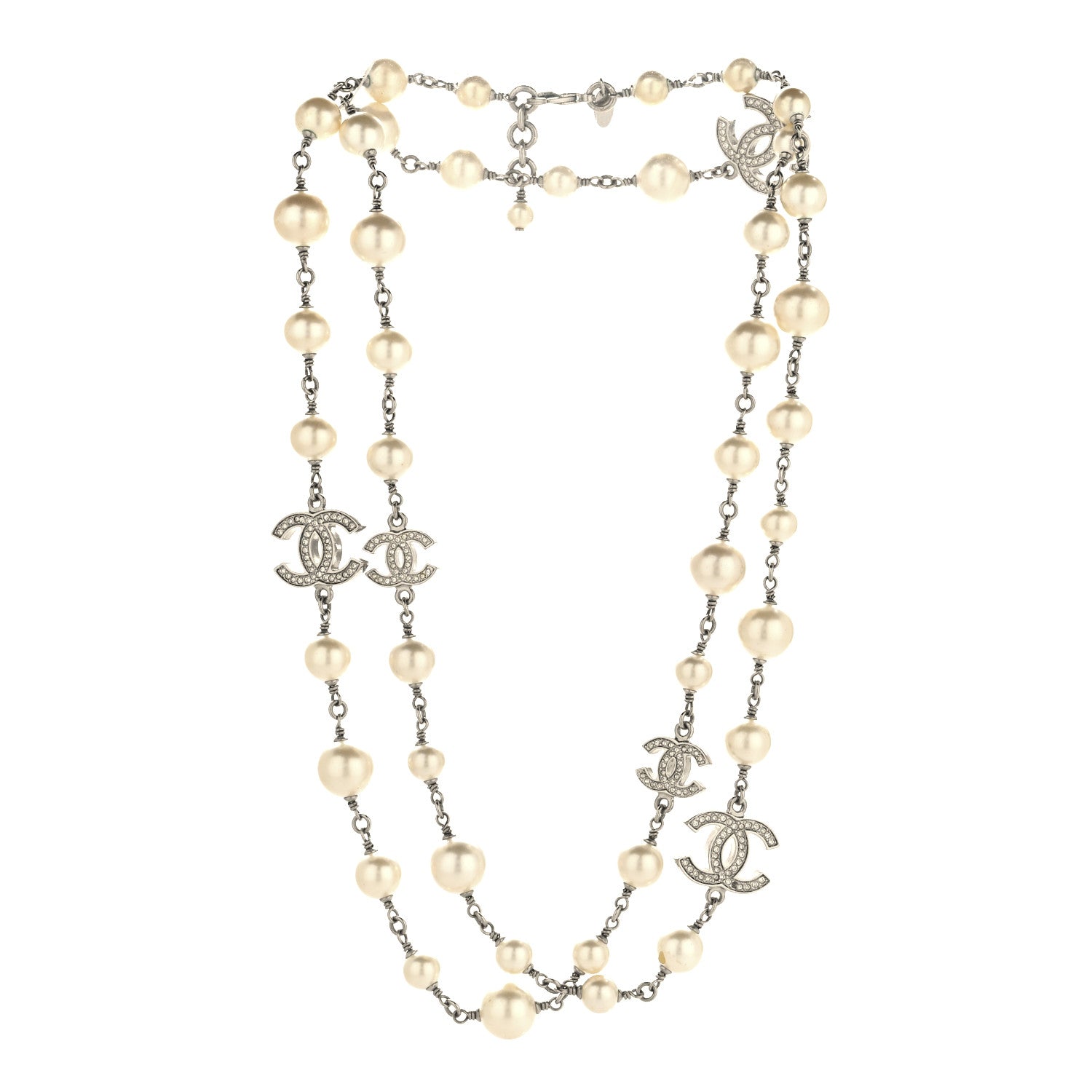 Chanel Crystal Pearl CC Long Necklace Silver Pearly White 3 of 4