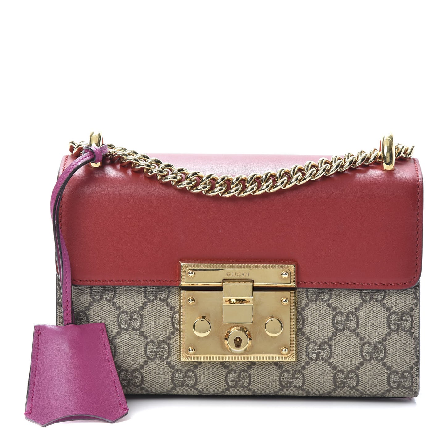 GG Supreme Monogram Calfskin Small Padlock Shoulder Bag Beige Hibiscus Red New Rosette