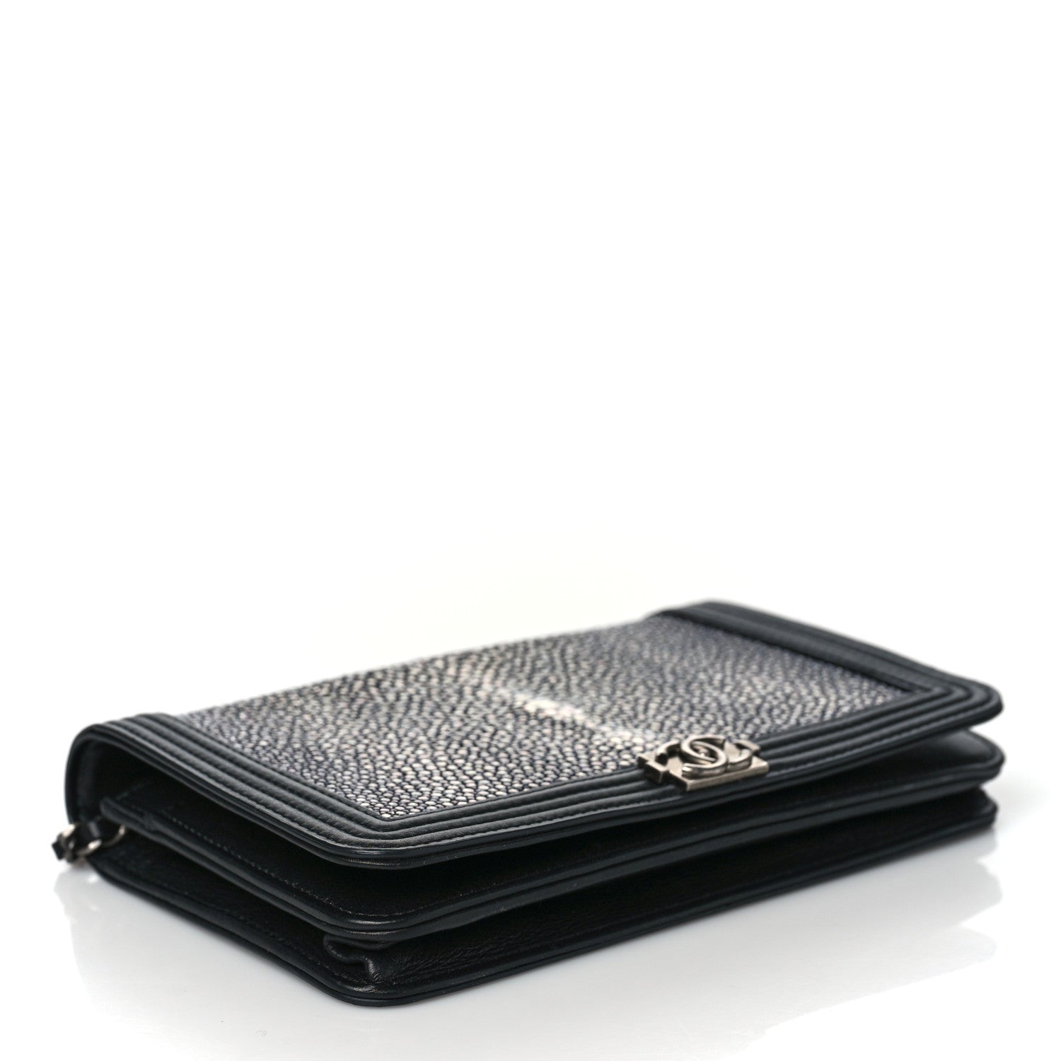 Chanel Galuchat Stingray Lambskin Boy Wallet On Chain WOC Black 4 of 12