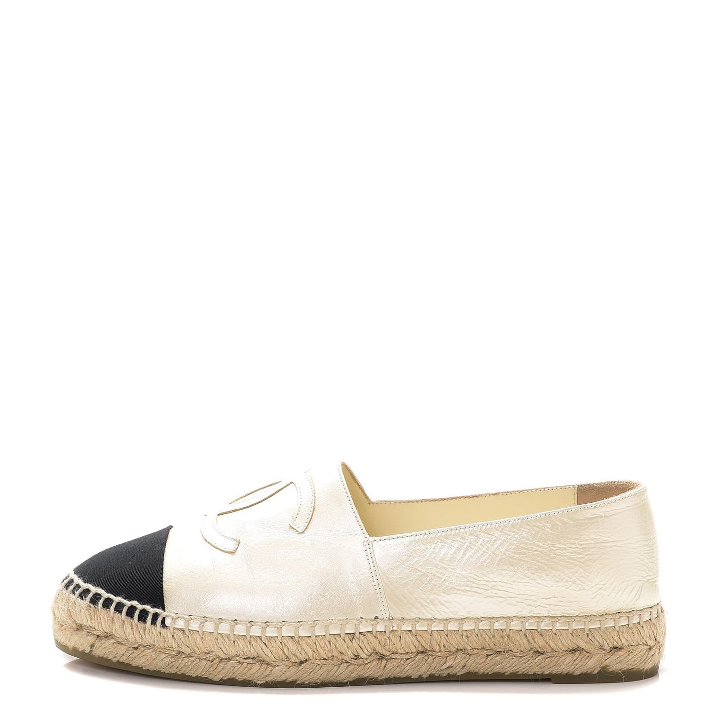 Metallic Calfskin Grosgrain CC Espadrilles 38 Ivory Black