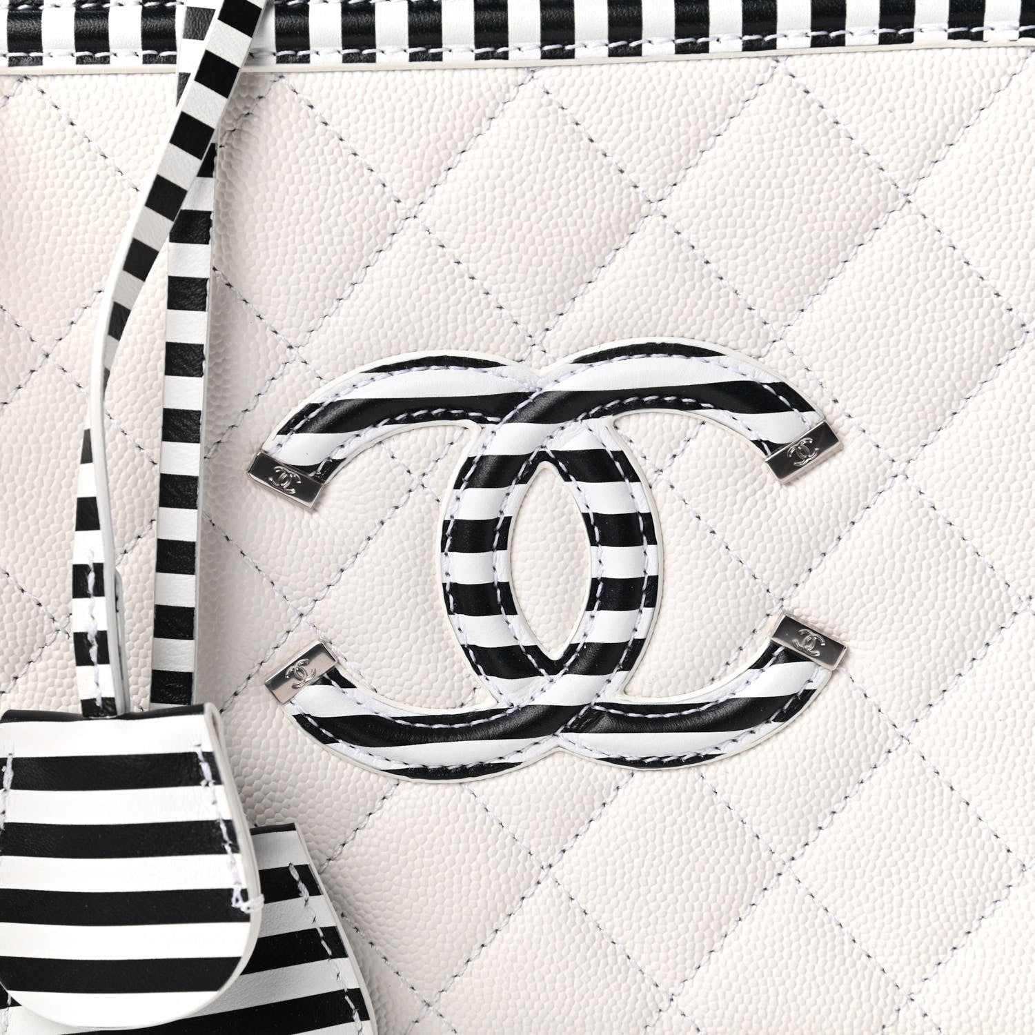 Chanel Caviar Quilted Striped Medium CC Filigree Vanity Case White Black 10 of 11