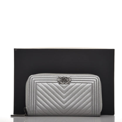 Chanel Metallic Caviar Chevron Quilted Boy Small Zip Around Wallet Silver 9 of 9