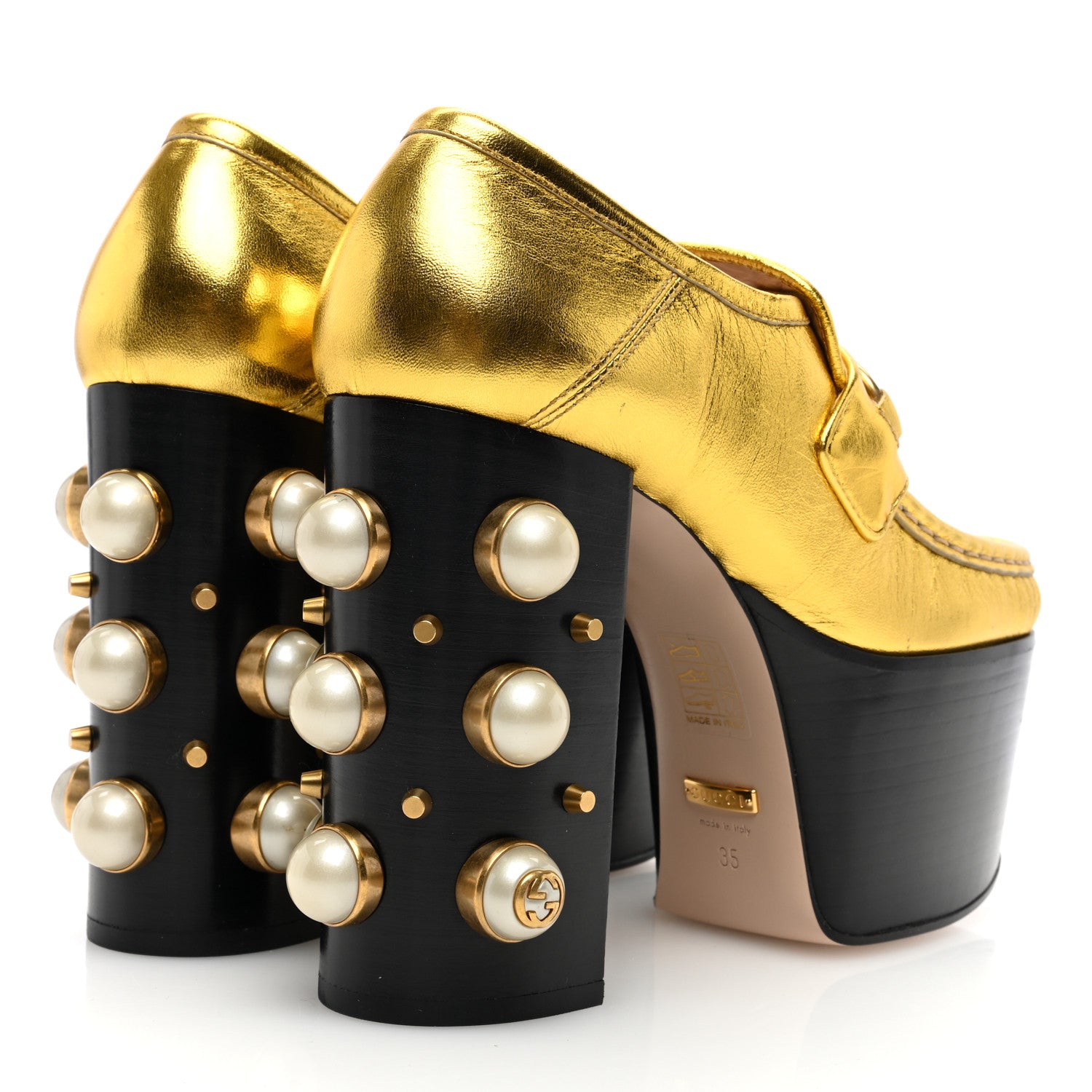Gucci Malaga Kid Pearl Studded Vegas Platform Loafers 35 Black Gold 4 of 7
