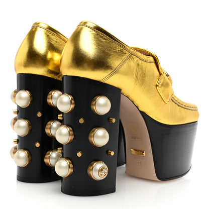 Gucci Malaga Kid Pearl Studded Vegas Platform Loafers 35 Black Gold 4 of 7
