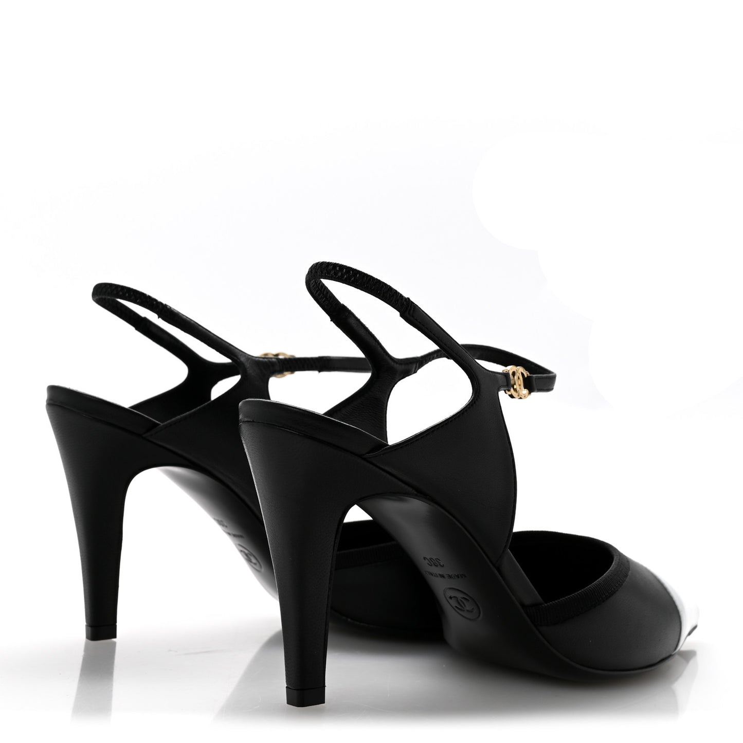Lambskin Pointed Cap Toe CC Slingback Pumps 38 Black White