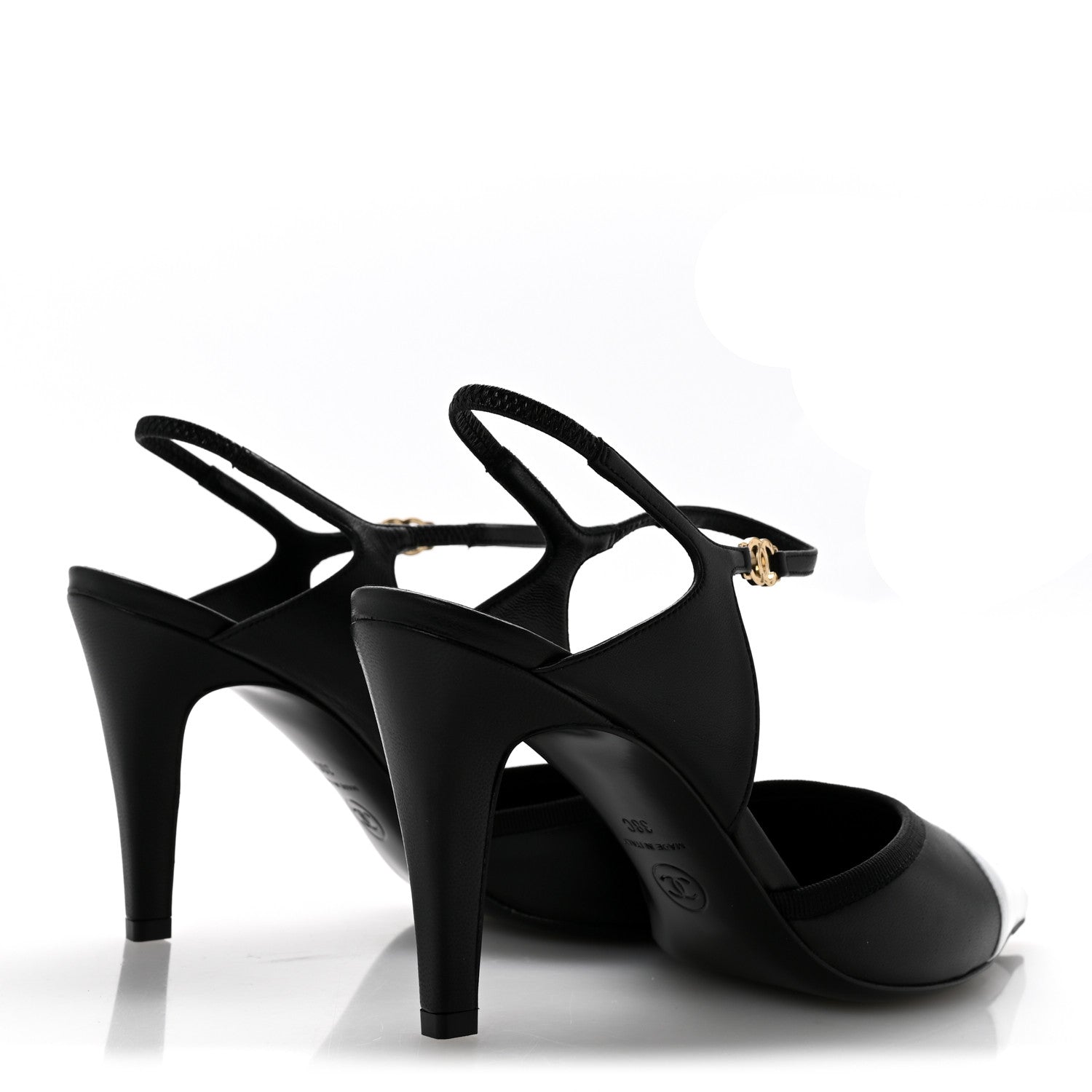 Chanel Lambskin Pointed Cap Toe CC Slingback Pumps 38 Black White 5 of 10