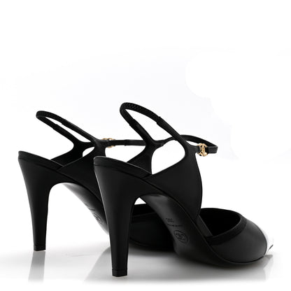 Chanel Lambskin Pointed Cap Toe CC Slingback Pumps 38 Black White 5 of 10