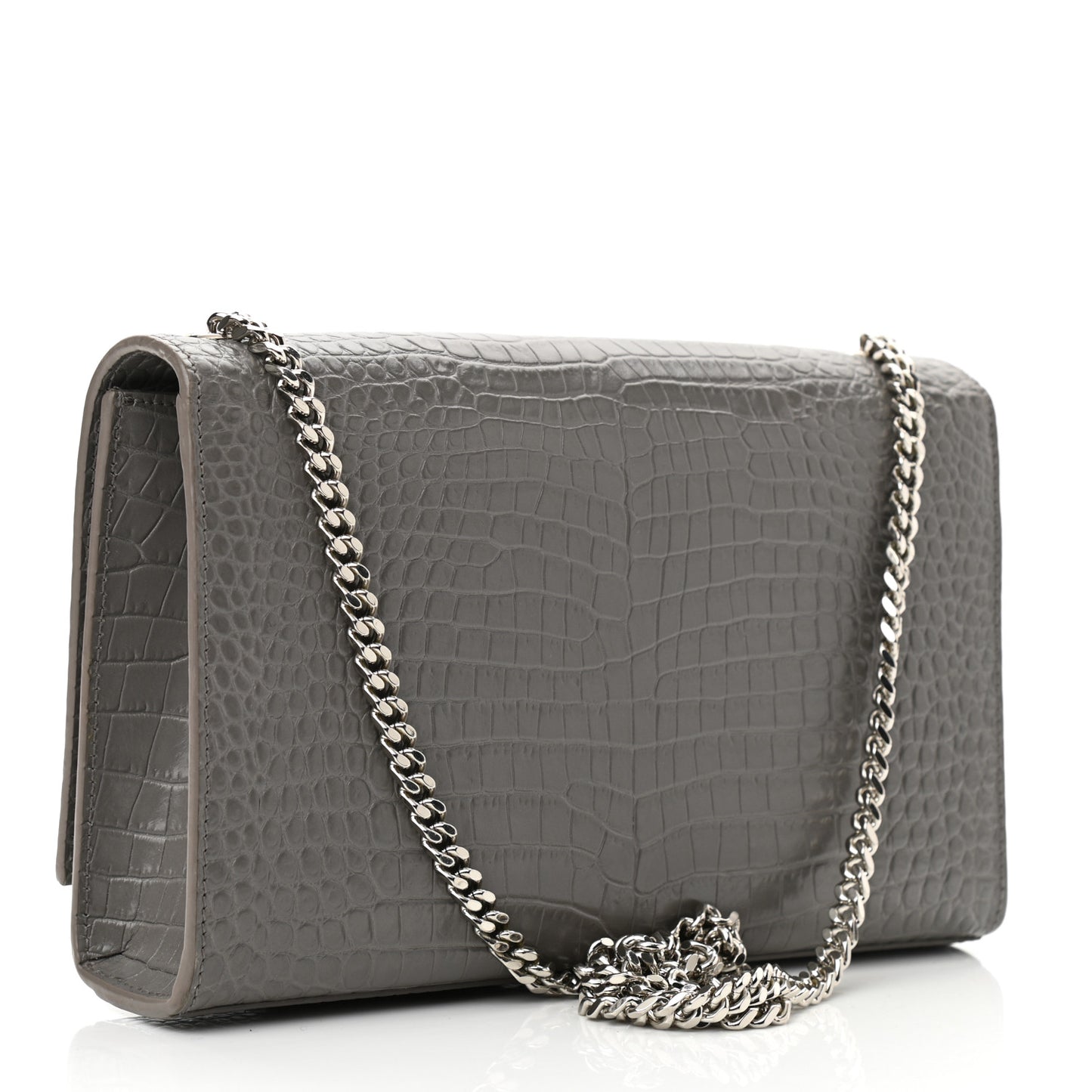 Calfskin Crocodile Embossed Medium Classic Monogram Kate Tassel Satchel Fog