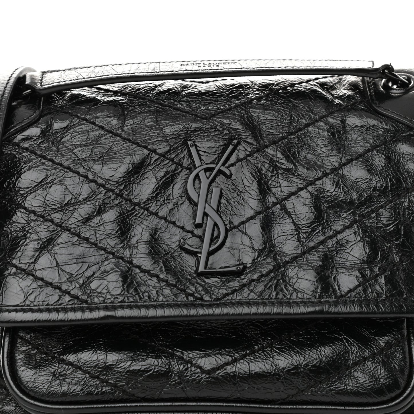 Crinkled Calfskin Matelasse Monogram Baby Niki Chain Satchel Black
