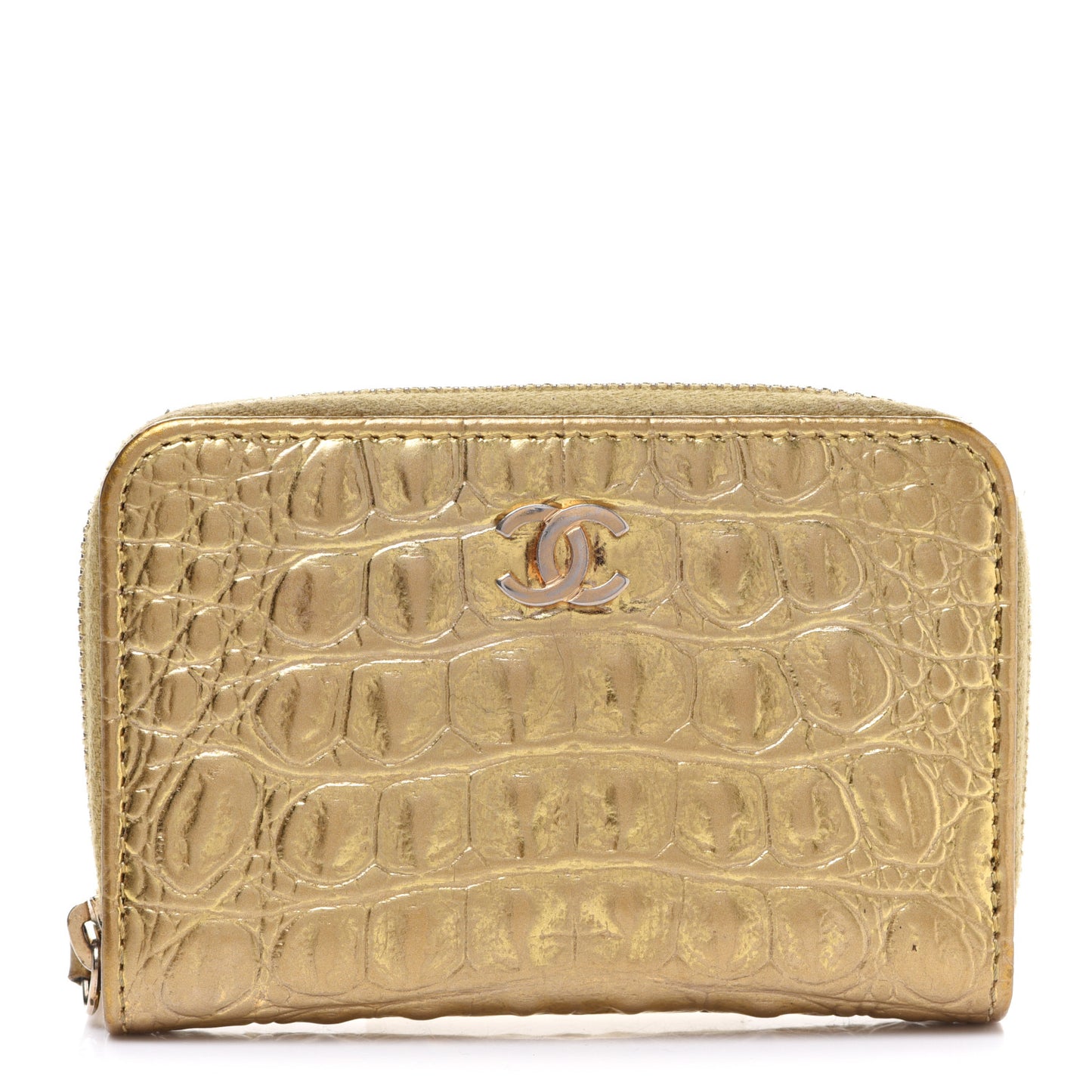 Metallic Calfskin Crocodile Embossed Cocodile Zip Coin Case Gold