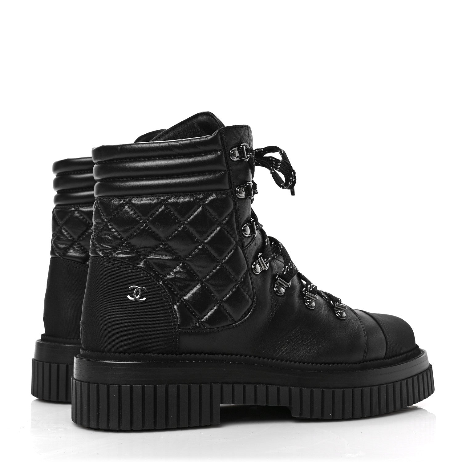 Chanel Calfskin Grosgrain Quilted Lace Up Boots 41 Black Grey 4 of 7