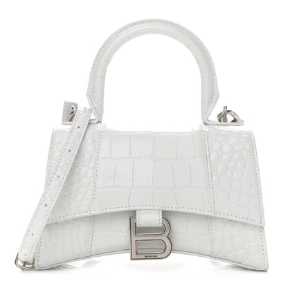 Balenciaga Shiny Calfskin Crocodile Embossed Hourglass Top Handle Bag XS White 1 of 12